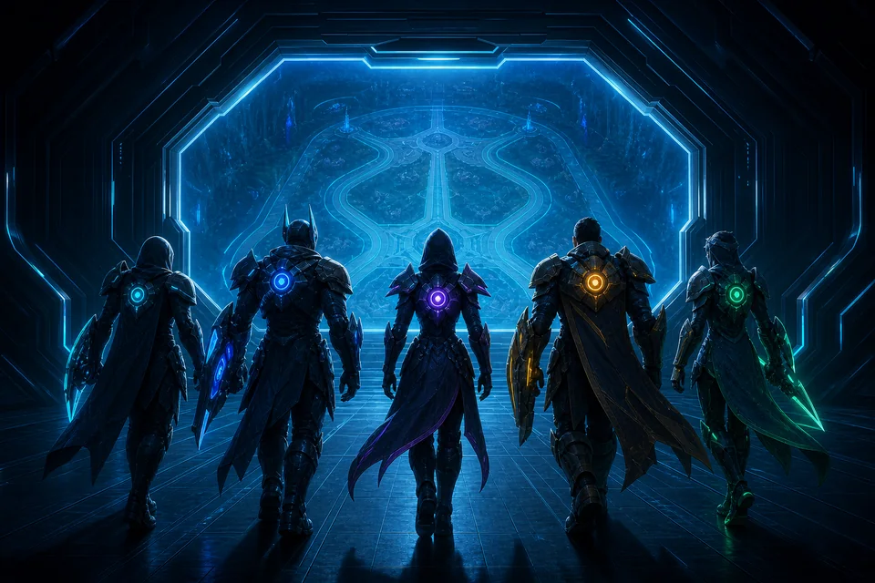 A five-player squad preparing to enter a competitive arena together